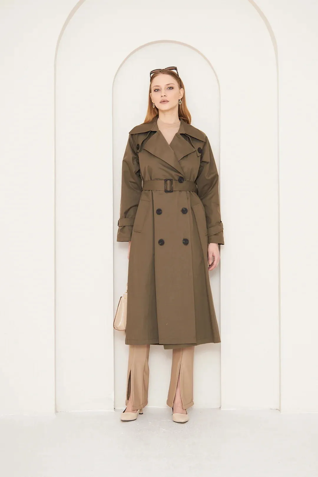 Women's Long Trench Coat with Button Detail - Khaki - SCB-W12398