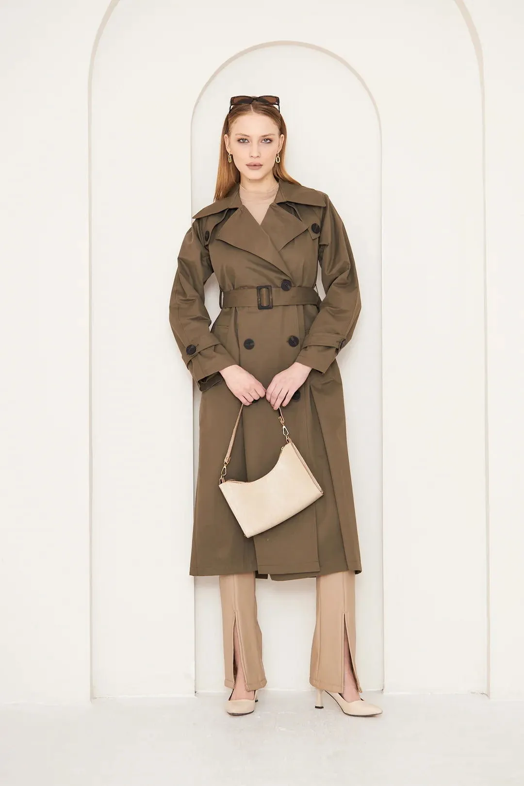 Women's Long Trench Coat with Button Detail - Khaki - SCB-W12398