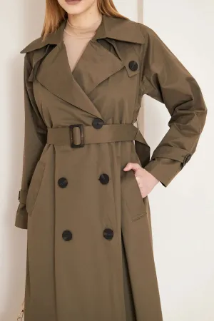 Women's Long Trench Coat with Button Detail - Khaki - SCB-W12398