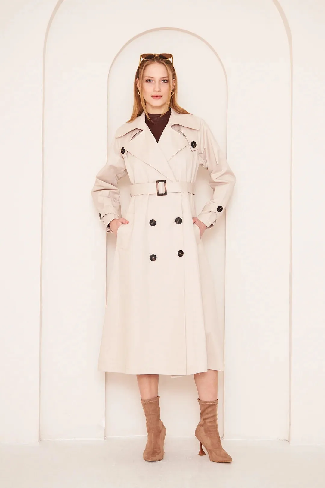 Women's Long Trench Coat with Button Detail - Stone - SCB-W12397