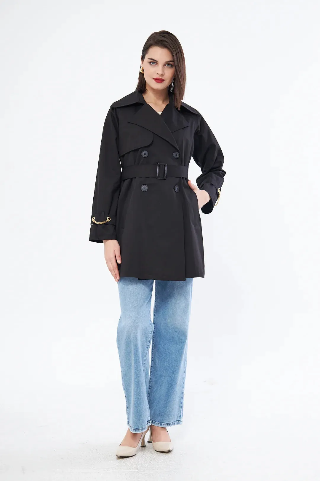 Women's Short Trench Coat with Chain Detail - Black - SCB-W12405