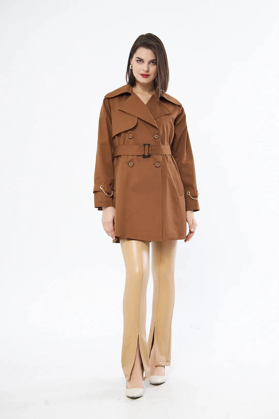 Women's Short Trench Coat with Chain Detail - Brown - SCB-W12401