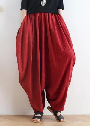 Women's spring and summer high waist cotton and linen loose large size casual red pants retro cropped pants