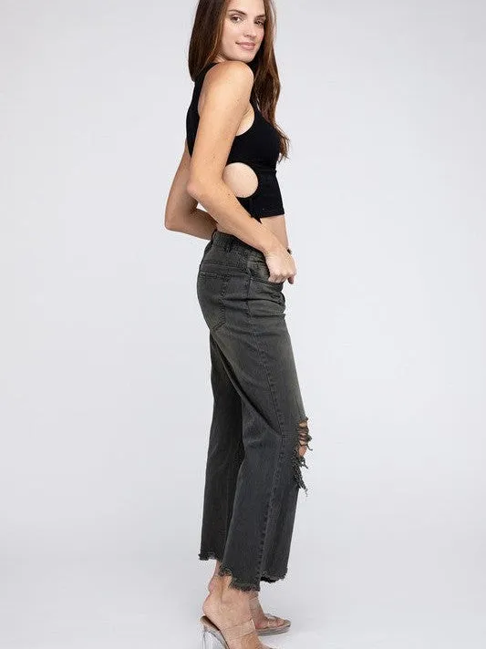 Worn In Retro Vibes Distressed and Cropped Wide Leg Washed Pants