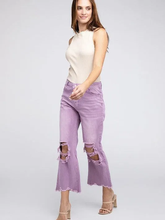 Worn In Retro Vibes Distressed and Cropped Wide Leg Washed Pants