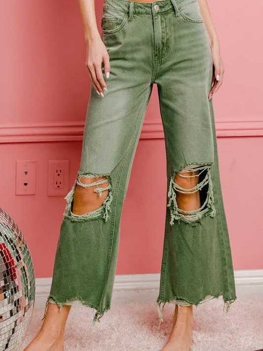 Worn In Retro Vibes Distressed and Cropped Wide Leg Washed Pants