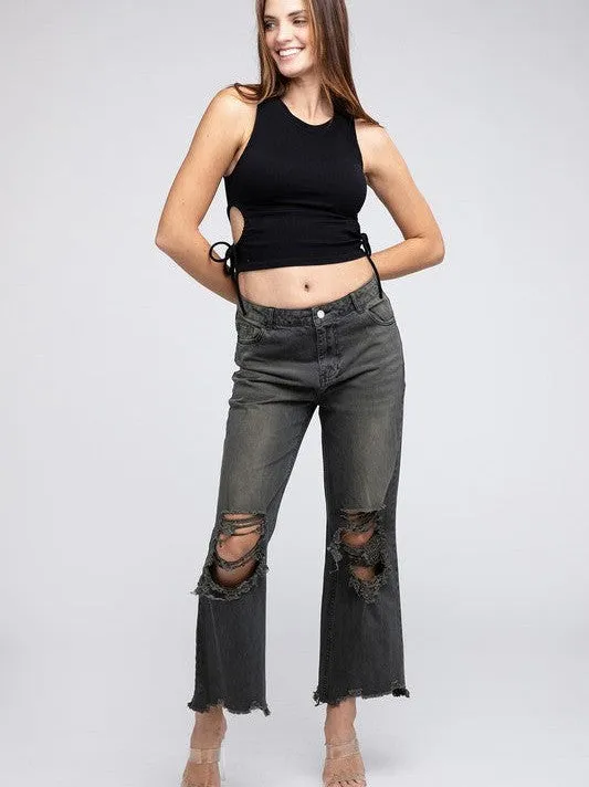 Worn In Retro Vibes Distressed and Cropped Wide Leg Washed Pants