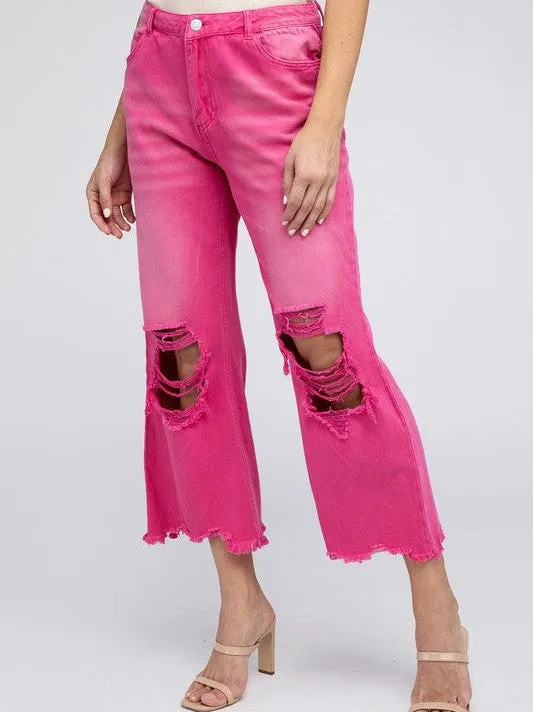 Worn In Retro Vibes Distressed and Cropped Wide Leg Washed Pants