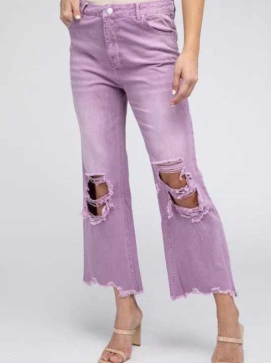 Worn In Retro Vibes Distressed and Cropped Wide Leg Washed Pants