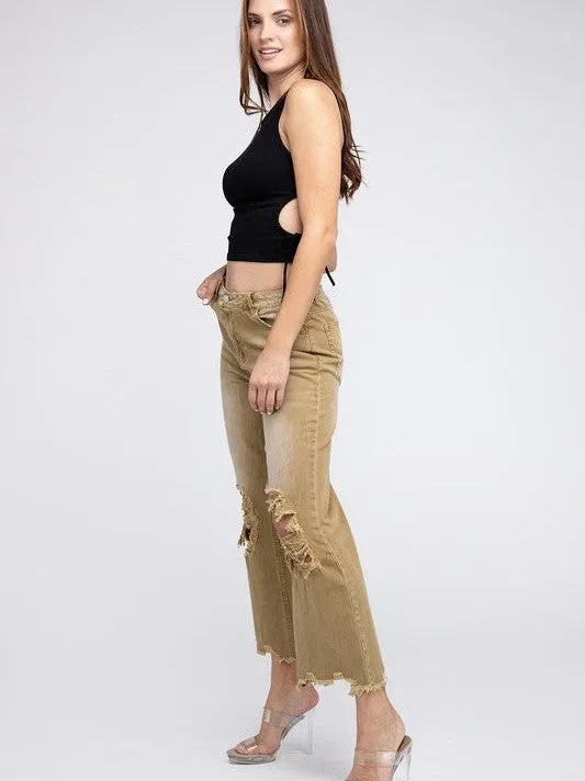 Worn In Retro Vibes Distressed and Cropped Wide Leg Washed Pants