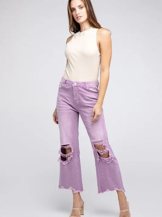 Worn In Retro Vibes Distressed and Cropped Wide Leg Washed Pants