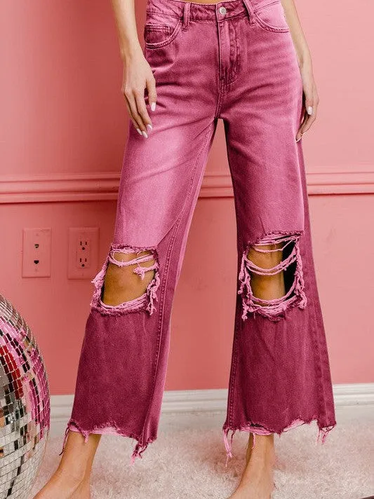 Worn In Retro Vibes Distressed and Cropped Wide Leg Washed Pants