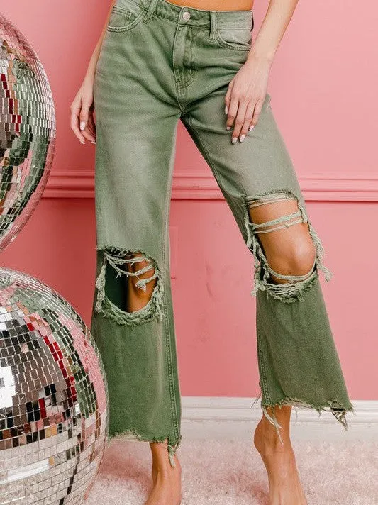 Worn In Retro Vibes Distressed and Cropped Wide Leg Washed Pants