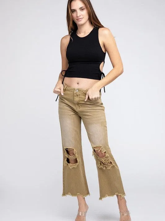 Worn In Retro Vibes Distressed and Cropped Wide Leg Washed Pants