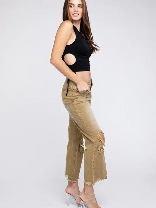 Worn In Retro Vibes Distressed and Cropped Wide Leg Washed Pants