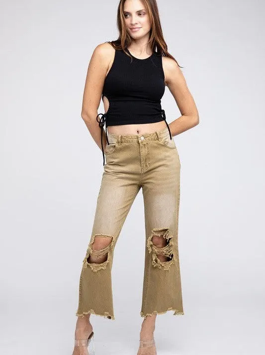 Worn In Retro Vibes Distressed and Cropped Wide Leg Washed Pants