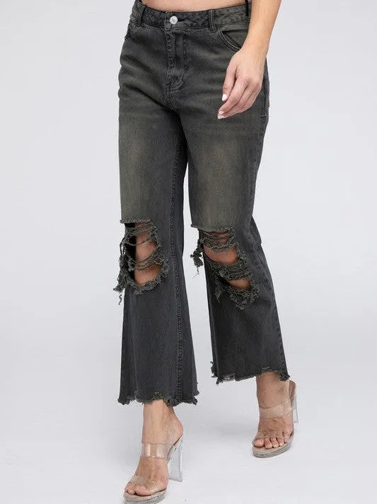 Worn In Retro Vibes Distressed and Cropped Wide Leg Washed Pants