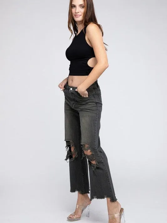 Worn In Retro Vibes Distressed and Cropped Wide Leg Washed Pants