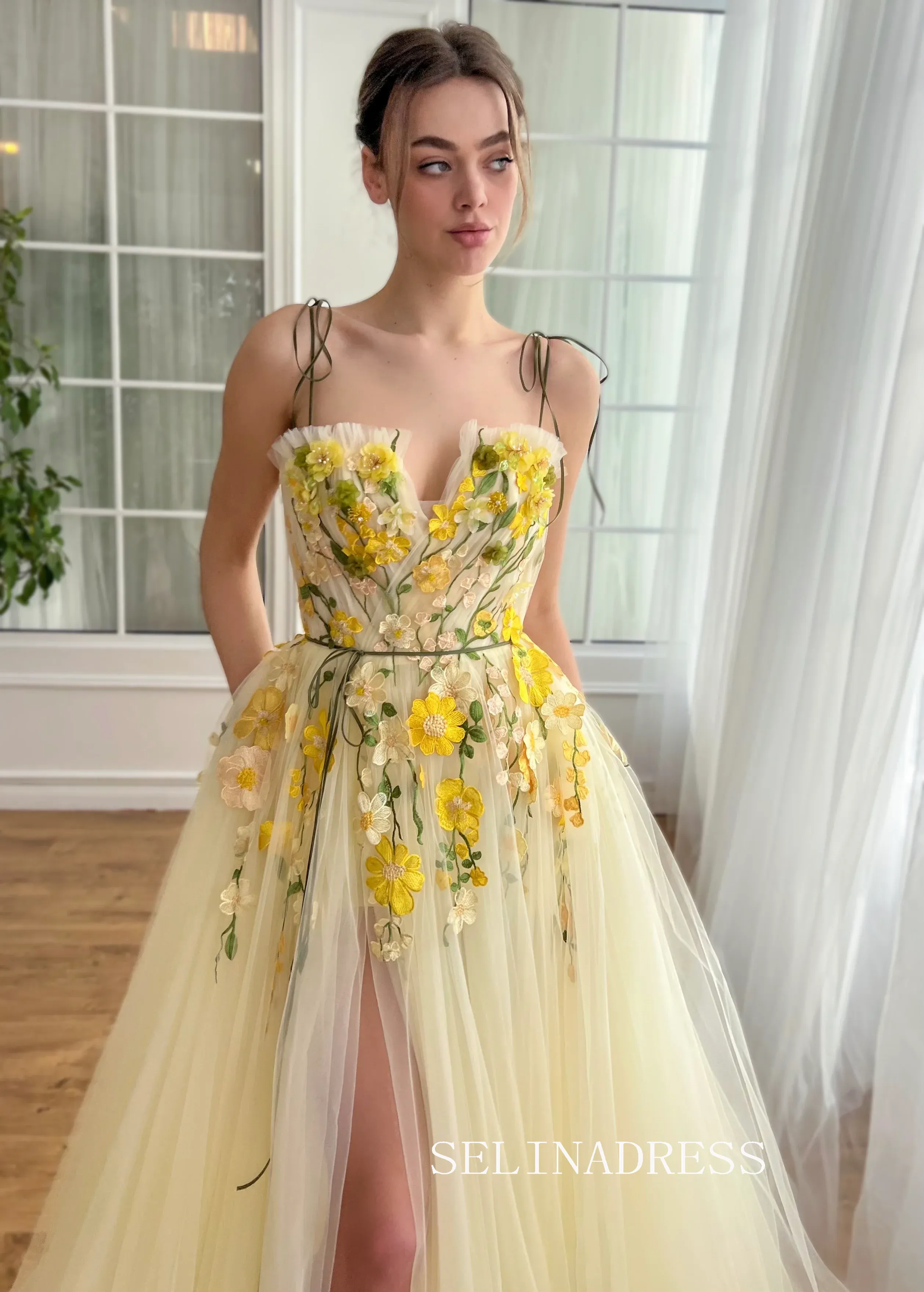 Yellow Spaghetti Straps Long Prom Dress 3D Flower Evening Dress With Slit EWR306