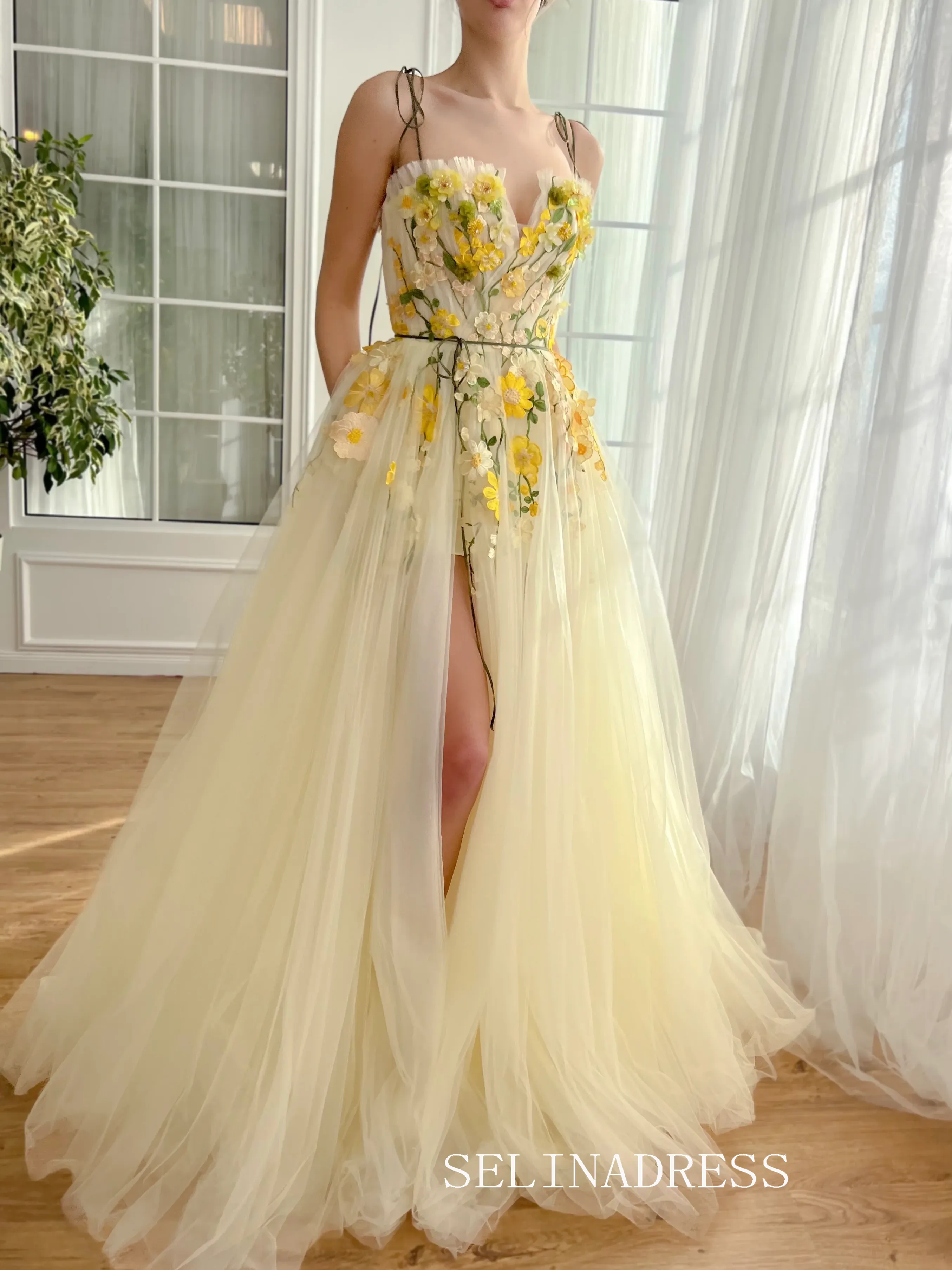 Yellow Spaghetti Straps Long Prom Dress 3D Flower Evening Dress With Slit EWR306