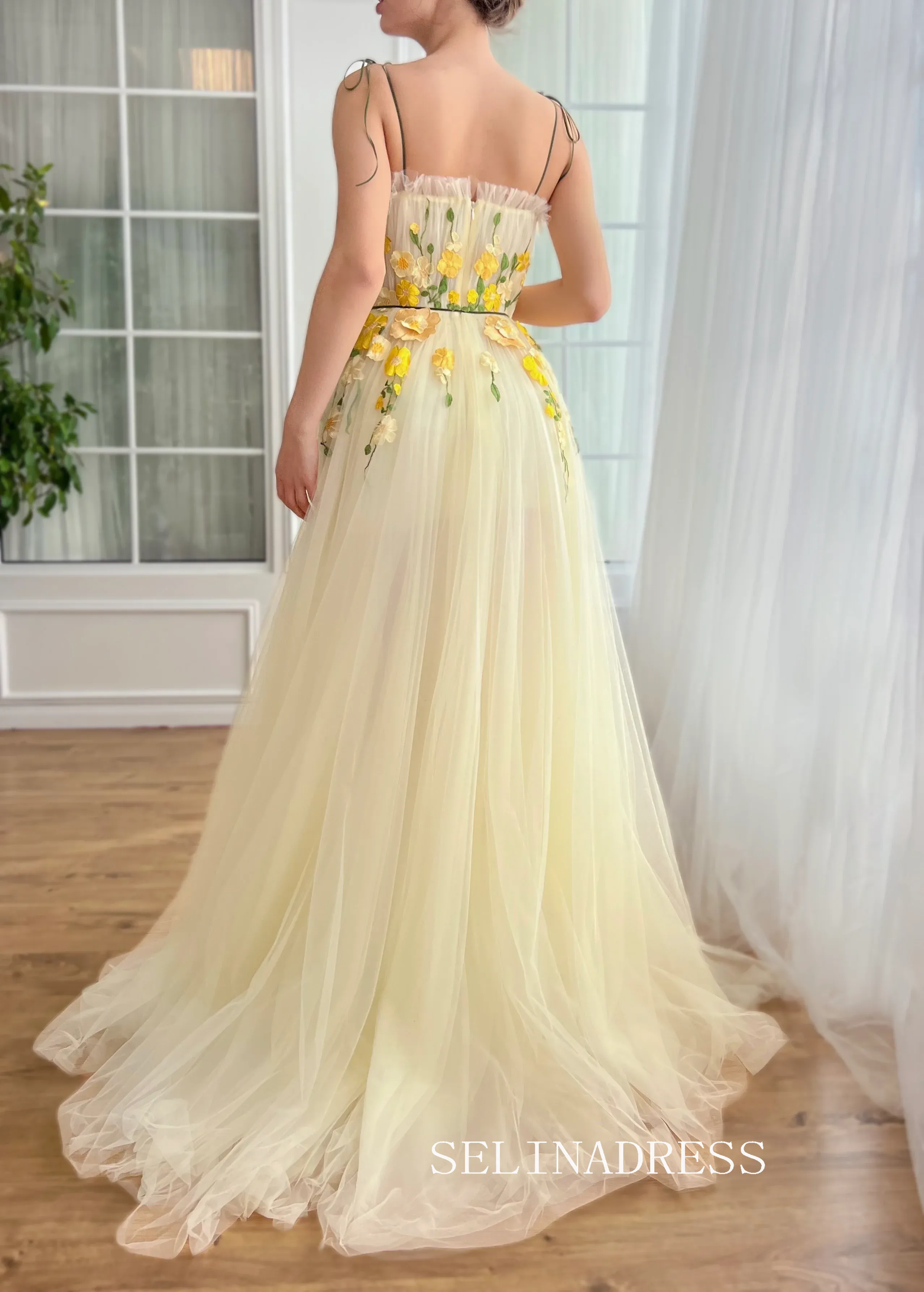 Yellow Spaghetti Straps Long Prom Dress 3D Flower Evening Dress With Slit EWR306