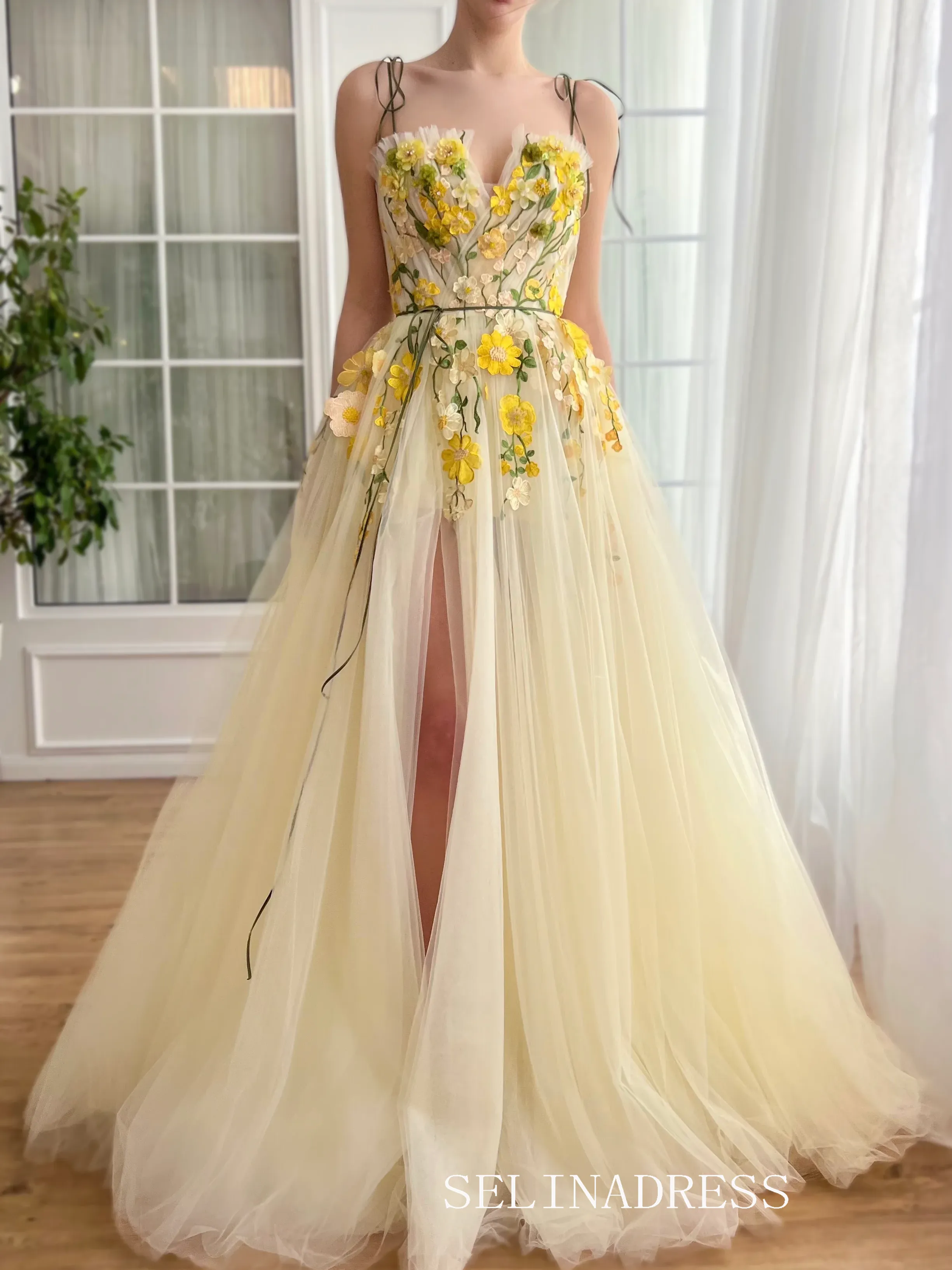 Yellow Spaghetti Straps Long Prom Dress 3D Flower Evening Dress With Slit EWR306