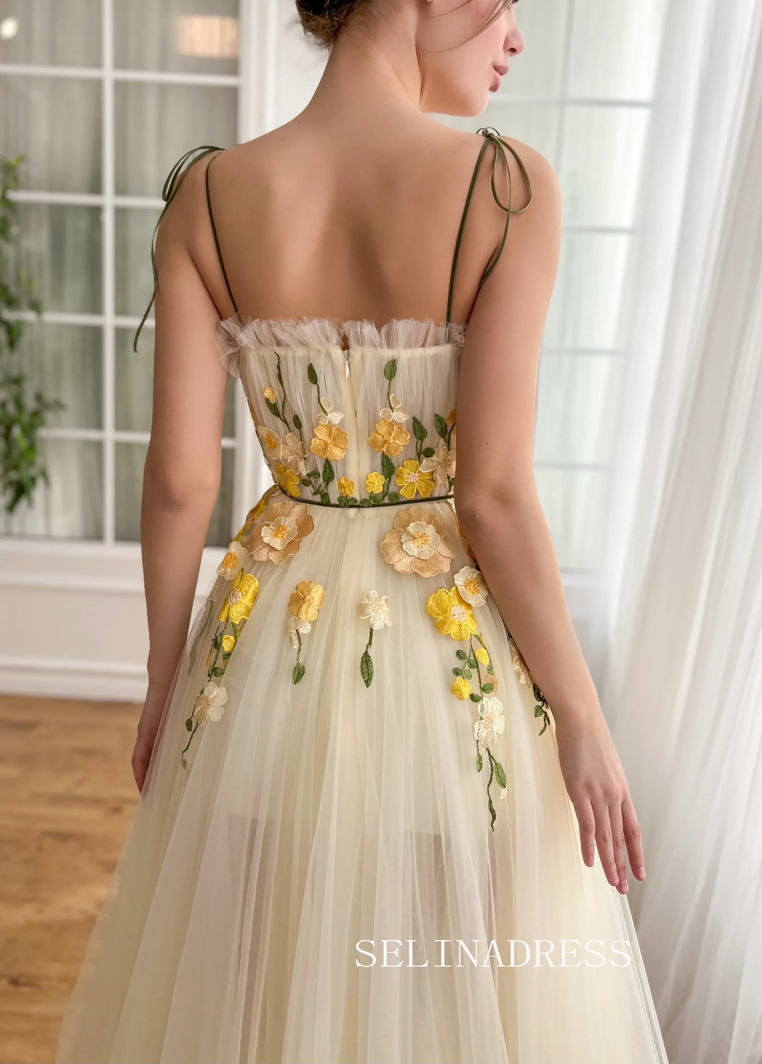 Yellow Spaghetti Straps Long Prom Dress 3D Flower Evening Dress With Slit EWR306